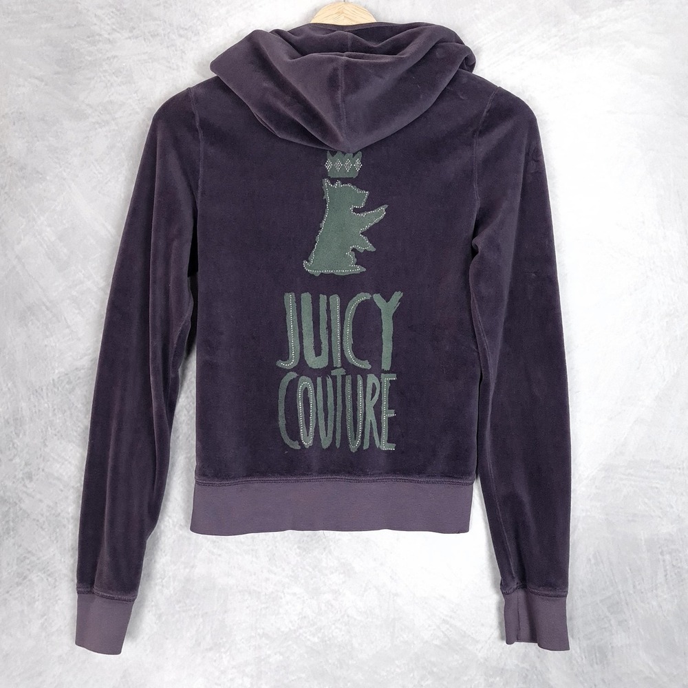 Juicy Couture Y2K Hoodie Womens Small Purple Velour Dog Logo Rhinestone USA